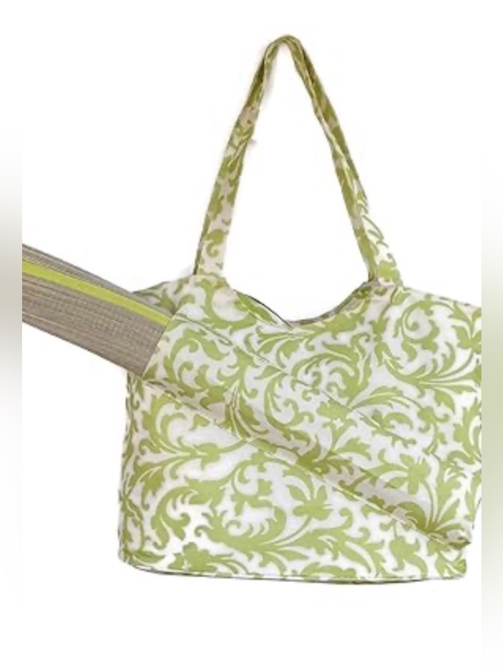 Ashburn Green Scroll-Print Beach Tote Bag with Straw Mat